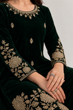 Emerald Green Embroidered Velvet Suit Set