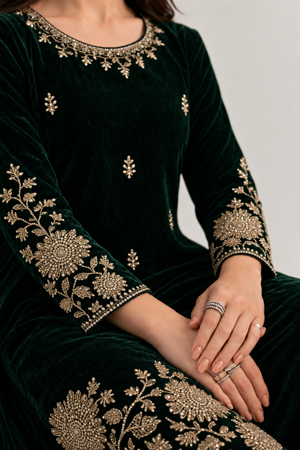 Emerald Green Embroidered Velvet Suit Set