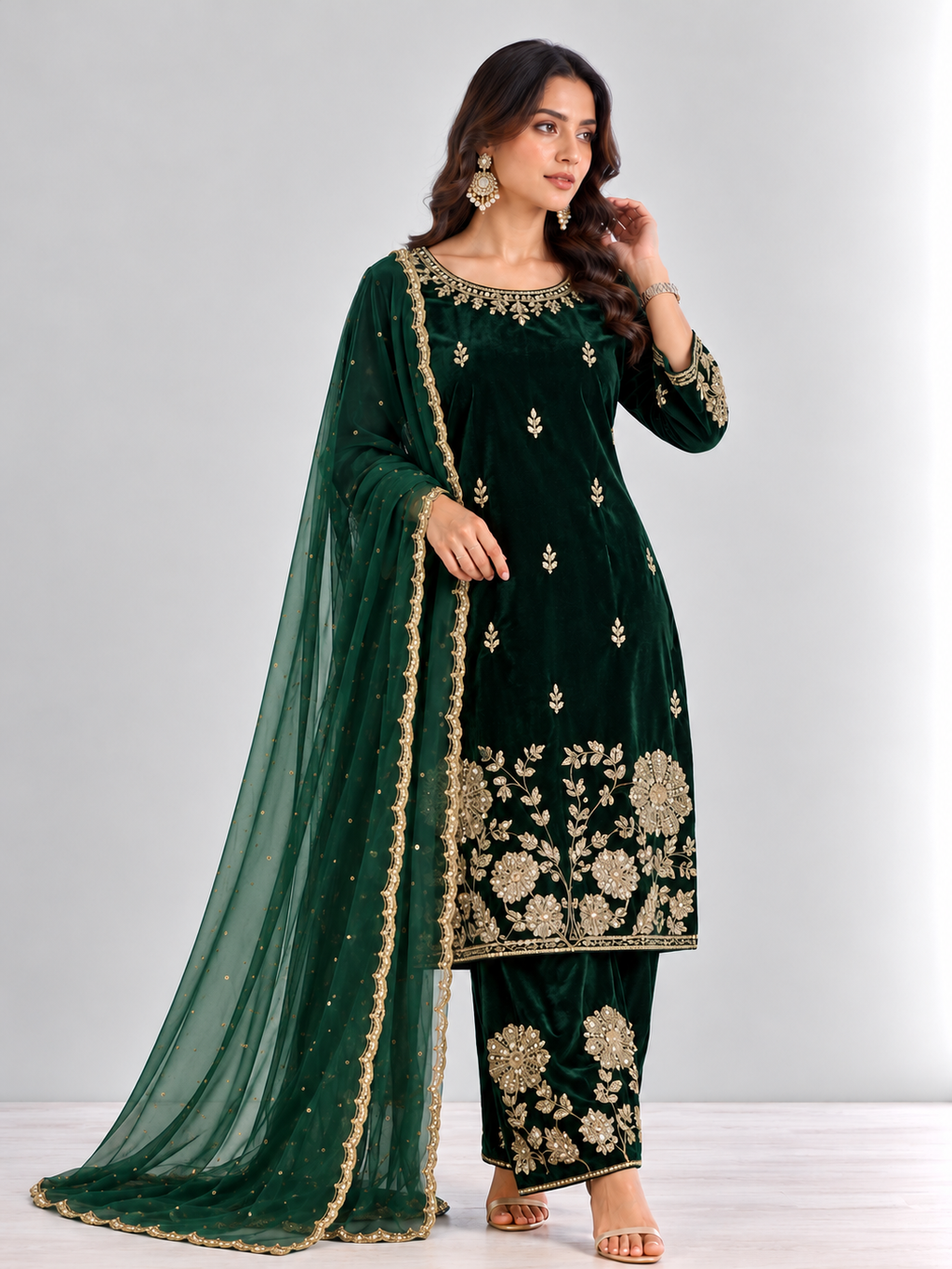 Emerald Green Embroidered Velvet Suit Set