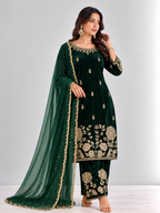 Emerald Green Embroidered Velvet Suit Set