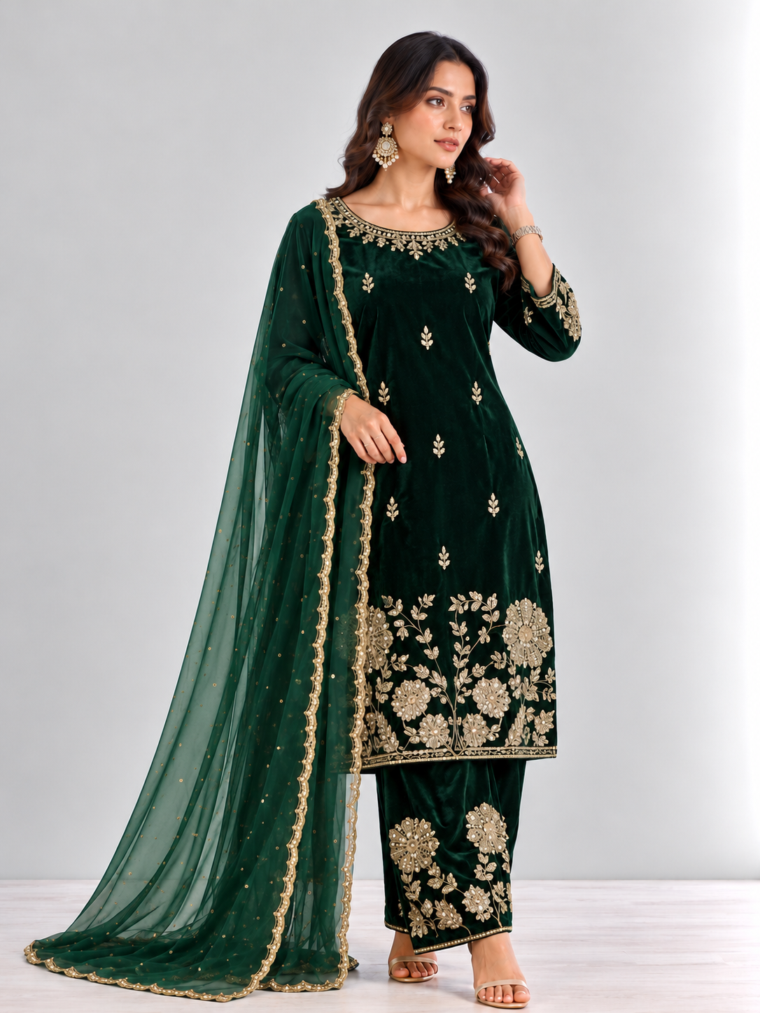 Emerald Green Embroidered Velvet Suit Set