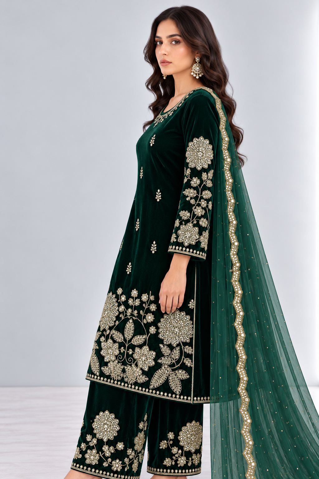 Emerald Green Embroidered Velvet Suit Set