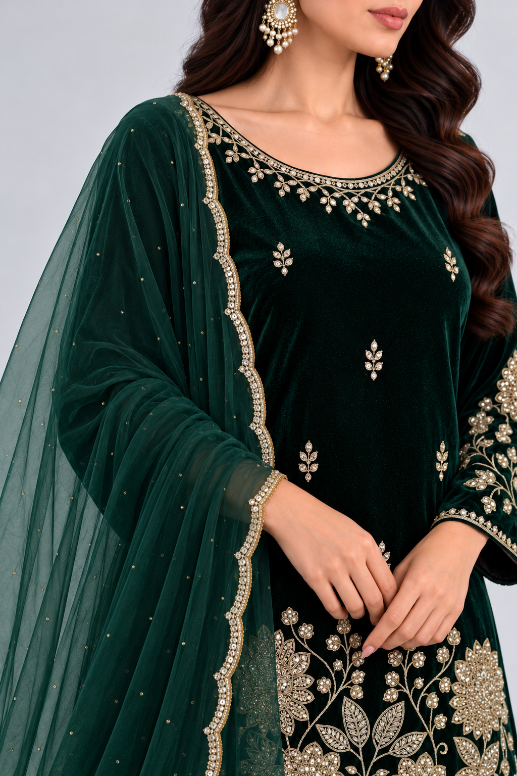 Emerald Green Embroidered Velvet Suit Set