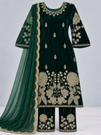 Emerald Green Embroidered Velvet Suit Set