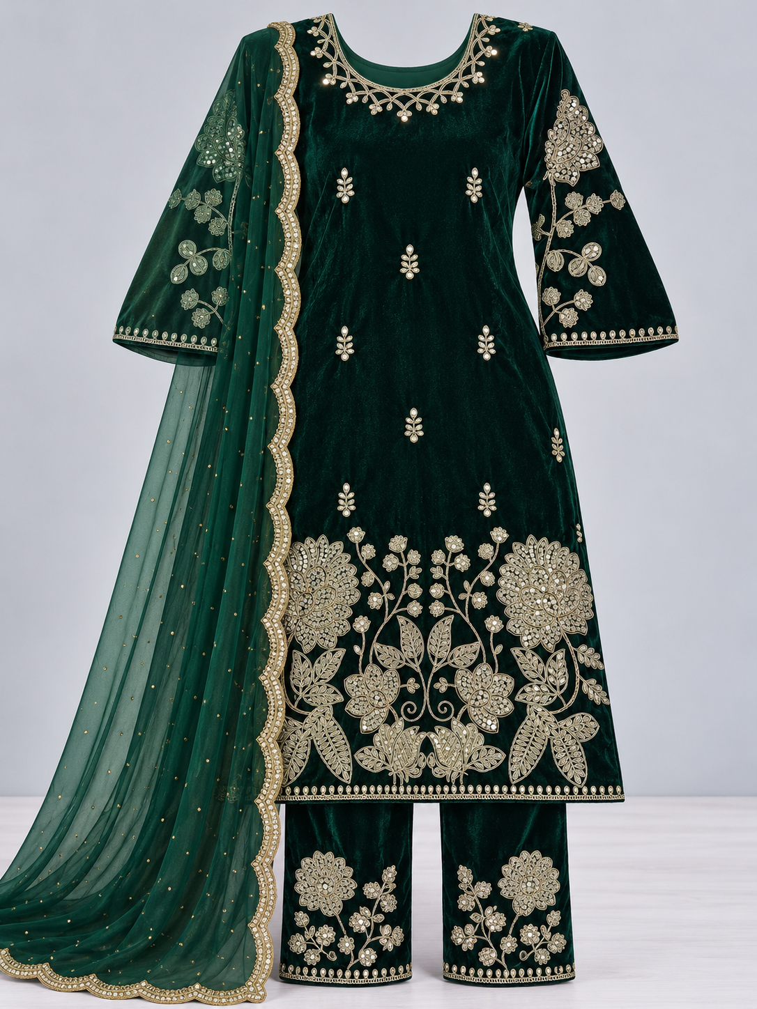 Emerald Green Embroidered Velvet Suit Set