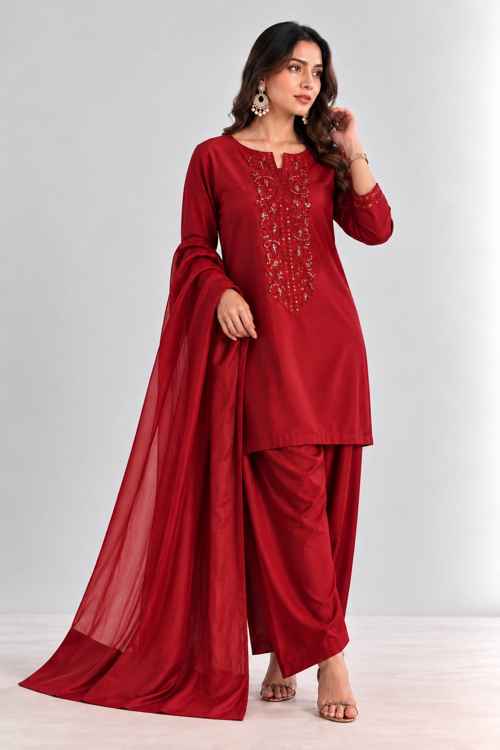 Burgundy Embroidered Farashi Salwar