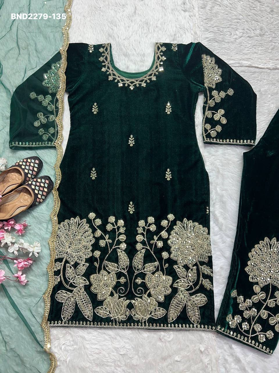 Emerald Green Embroidered Velvet Suit Set